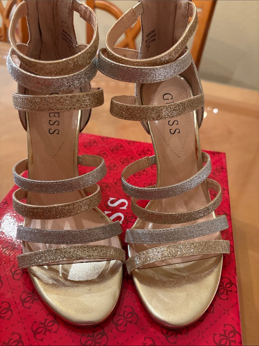 GUESS Gold and Silver Glitter Multi-Strap High Heels